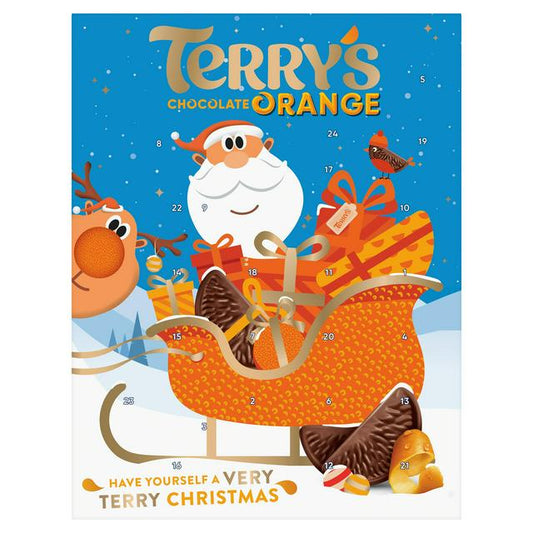 Kalendar došašća Terry’s Chocolate Orange 106 g, prednja strana s božićnim motivima.